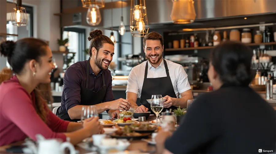 Friendly_restaurant_staff_serving_happy_guests_at_-1759237368682